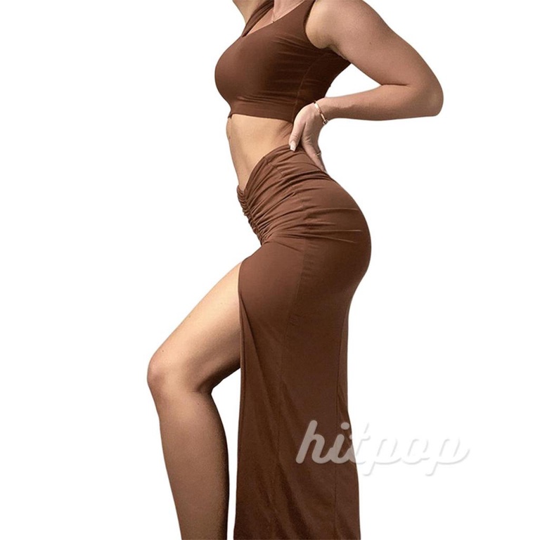 Hitpop-Women´s Short Skirt Suit Solid Color Sleeveless U-Neck Crop Tank Tops + Side Ruched High Slit Skirt