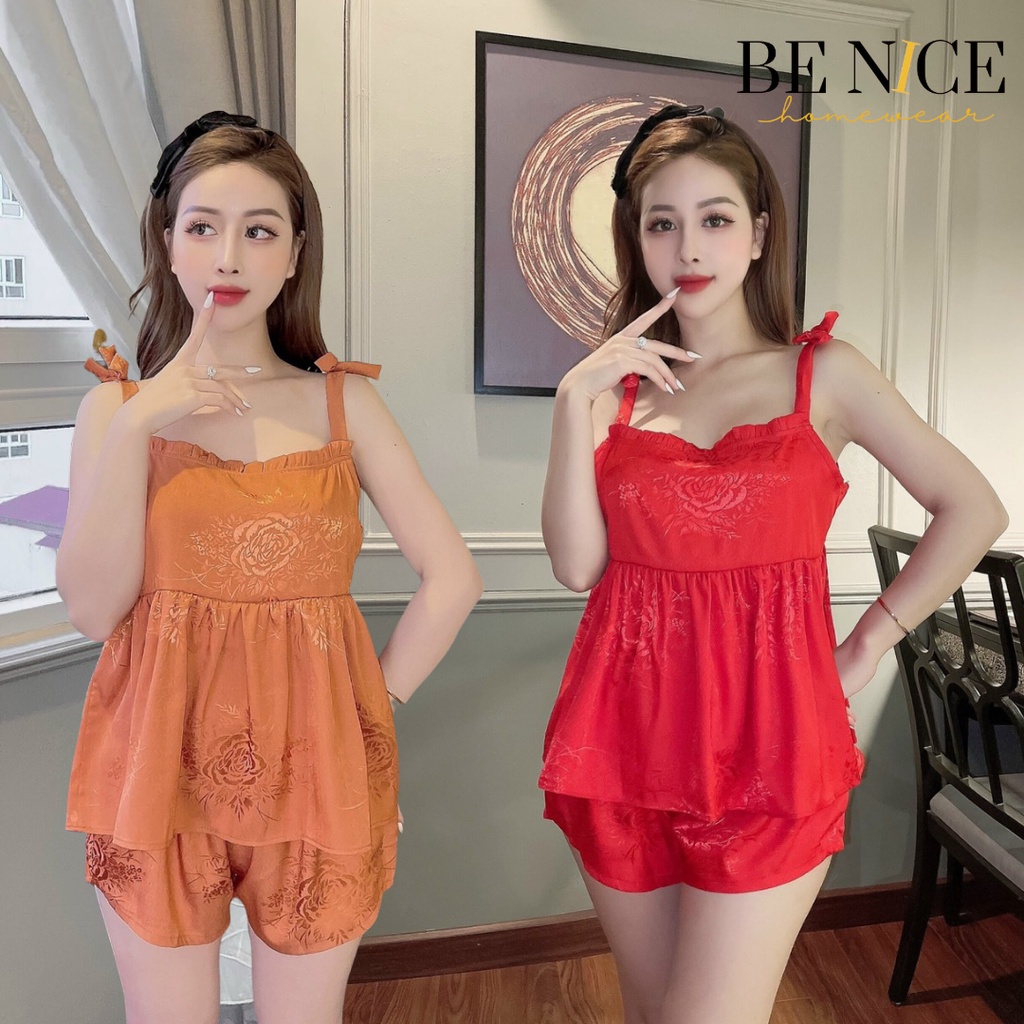 Bộ dây ngắn mặc nhà babydoll nơ vai chất lụa gấm xước sang trọng cho nàng Be Bice Homewear
