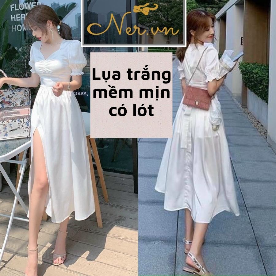 Đầm trắng đi tiệc cà phê dáng maxi vải lụa mềm mịn 2 lớp cao cấp 2021 tại xưởng may thời trang NER N64
