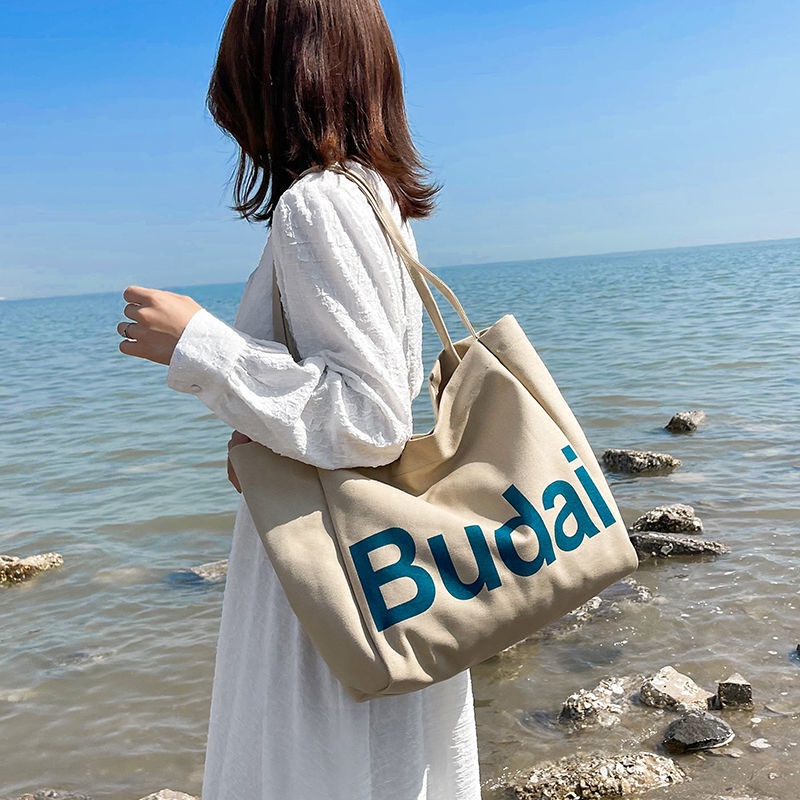 Túi xách canvas ngăn rộng in chữ phong cách Hàn Quốc
