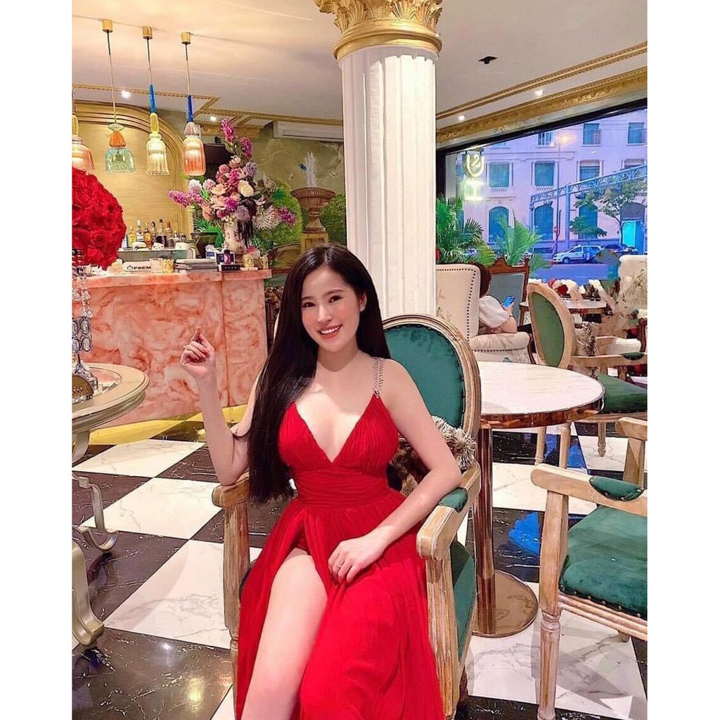 [FREESHIP] Đầm maxi 2s xẻ vàng đỏ