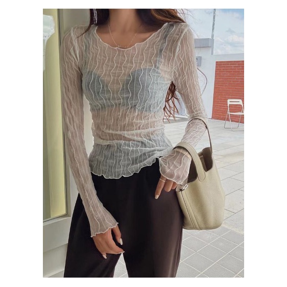 Áo lưới ren mỏng tay dài cổ tròn thời trang cho nữ MS275