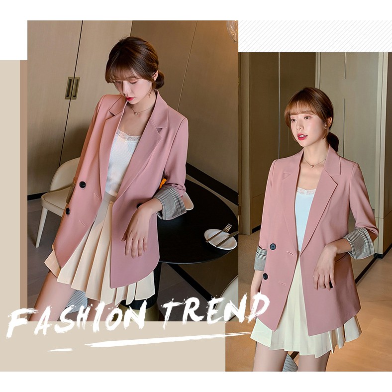 Áo Blazer màu hồng cổ tay caro chất vải cao cấp TN1318-H