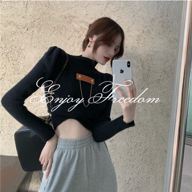 Enjoy Freedom Áo Croptop Dệt Kim Cổ Lọ Ôm Dáng Phong Cách Hàn Quốc Trẻ Trung