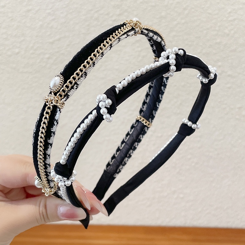 【Bờm Tóc】Kẹp Tóc Dạng Dây Xích Đính Ngọc Trai Đen Phong Cách Hàn Quốc 2022