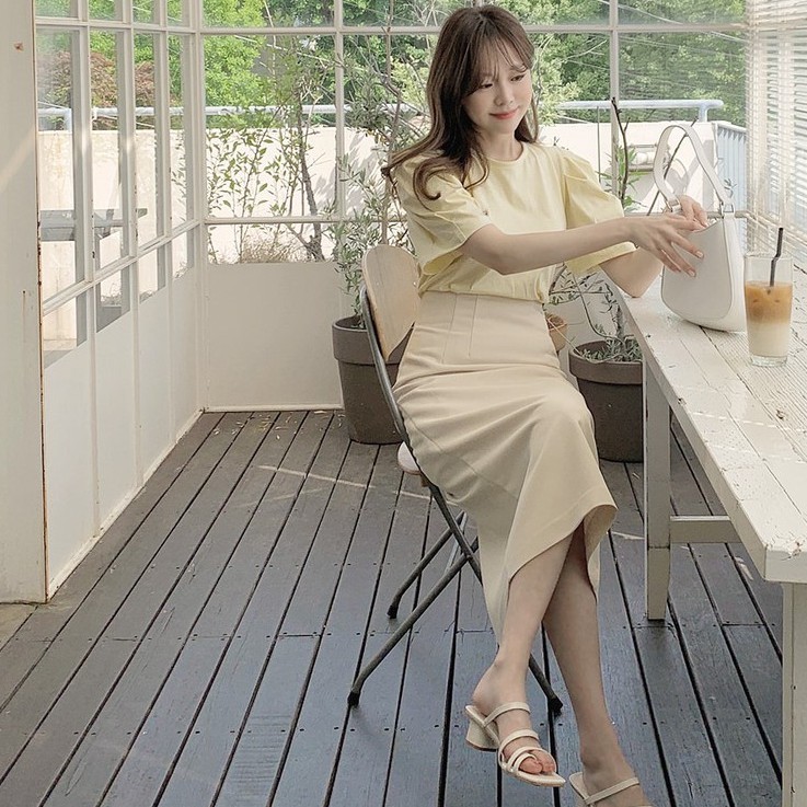 Set Áo Kiểu Tay Phồng + Chân Váy Dài Lưng Cao Thời Trang Thoải Mái Cho Nữ 43792