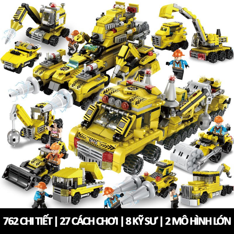 [762 CHI TIẾT] ĐỒ CHƠI LEGO XẾP HÌNH XÂY DỰNG THÀNH PHỐ GỒM MÁY XÚC, XE CẨU, XE TẢI, XE TRỘN BÊ TÔNG