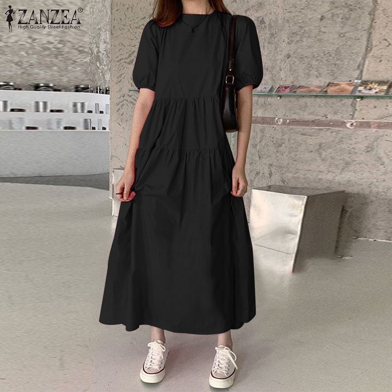 ZANZEA Women Leisure Loose Puff Sleeve Pleated Solid Color Party Maxi Dresses