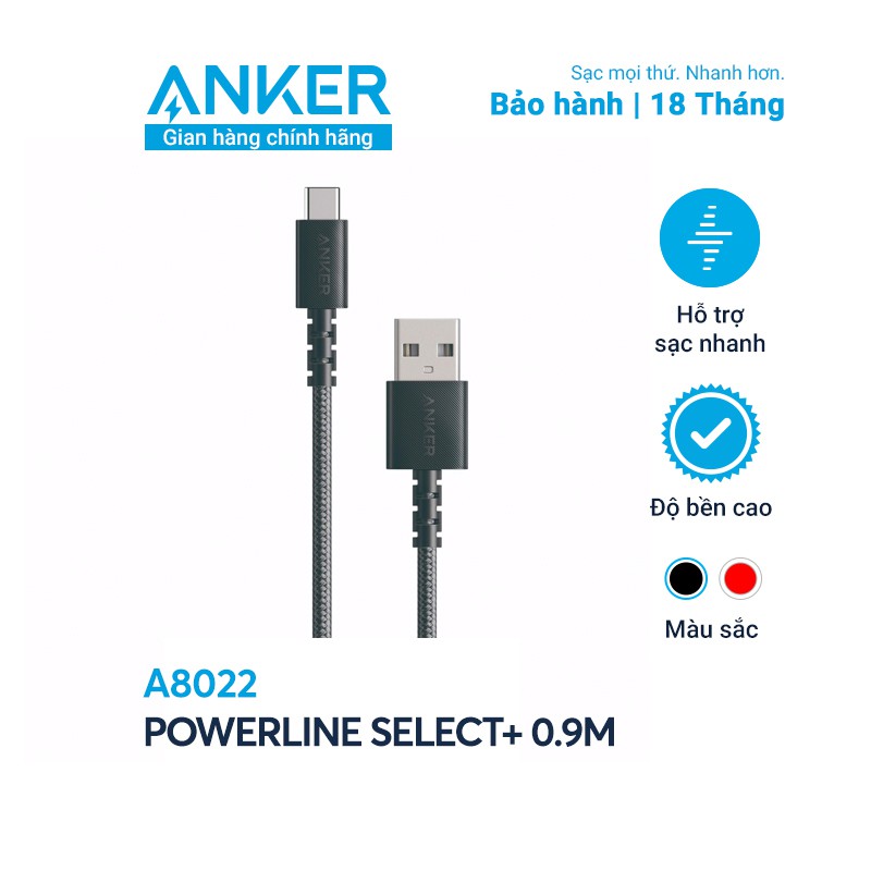 Cáp sạc Type C ANKER PowerLine Select+ USB-C ra USB 2.0 dài 0.9m - A8022