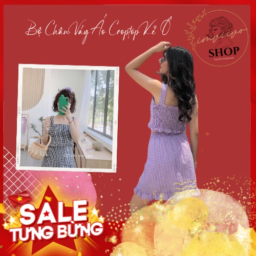 Bộ Chân Váy Áo Croptop Kẻ Ô Set Váy Áo 2 Dây 3 Màu X020