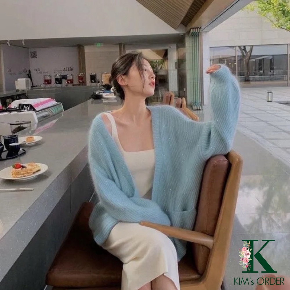 Áo Len Cadigan Kim Tuyến Nữ Dài Tay Màu Be Xanh Dáng Rộng Phong Cách Tiểu Thư Hàn Quốc Nhẹ Nhàng Nữ Tính Chất Loại 1