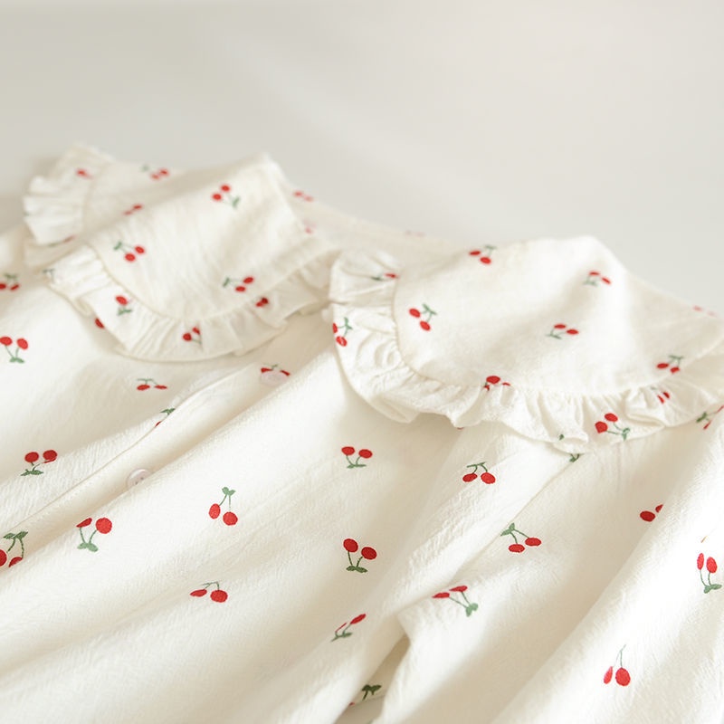 Áo Sơ Mi Tay Dài Cổ Búp Bê Họa Tiết Cherry Phong Cách Nhật Bản Mới