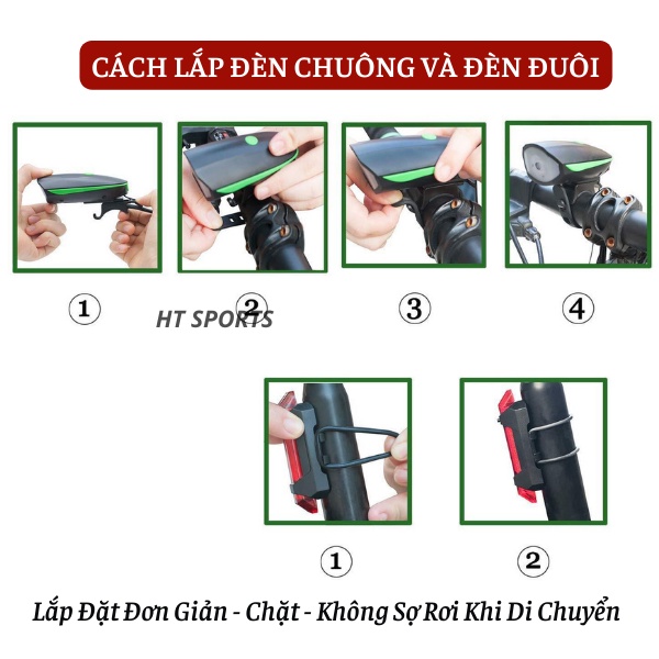 Đèn xe đạp thể thao HT Sports siêu sáng có còi pin sạc usb chống nước, đèn đuôi xe nhiều chế độ sáng