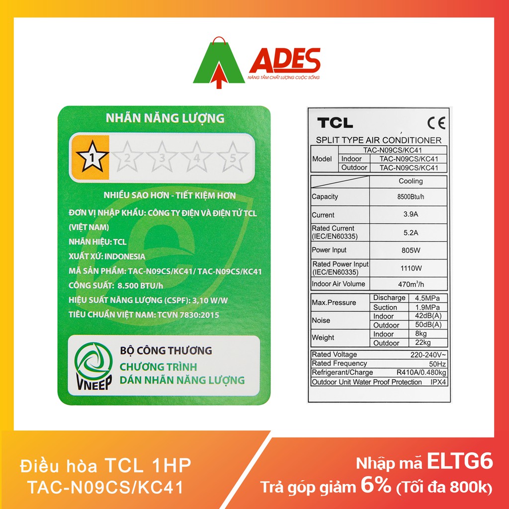 [Mã 154ELSALE2 giảm 7% đơn 300K] Điều hòa TCL 1HP TAC-N09CS/KC41 | Chính hãng giá rẻ