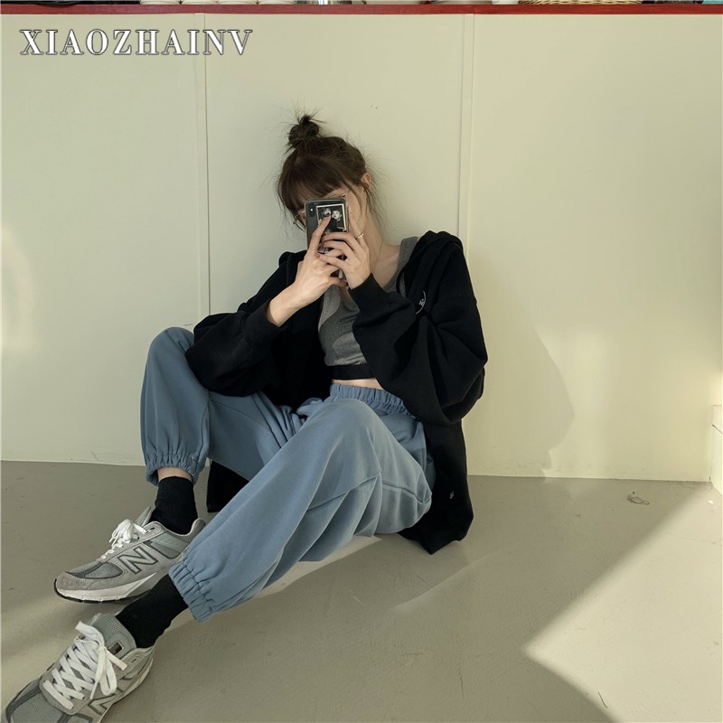 Xiaozhainv Quần dài eo cao chất co giãn thời trang Hàn Quốc