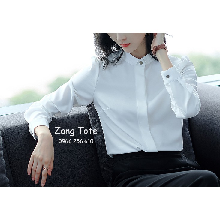 Áo sơ mi công sở nữ giấu cúc cổ polo cách điệu chất Mango Hàn cao cấp màu trắng sứ SMFH1 - Zang Tote