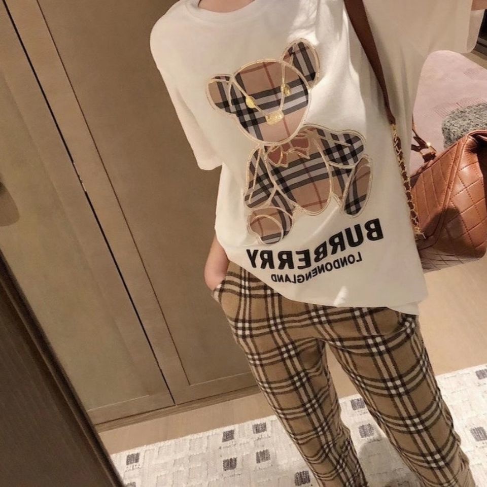 Burberry Âu Mỹ Mùa Xuân Và Mùa Hè Mới Bbr Áo Thun Bông Cổ Tròn In Hình Gấu B Me