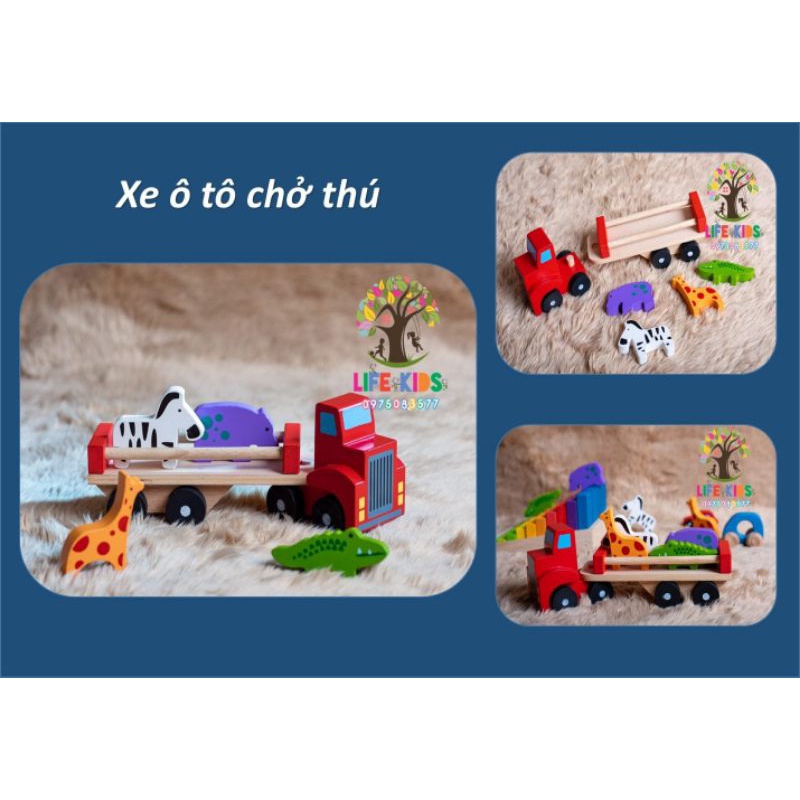 đồ chơi gỗ an toàn xuất khẩu Châu Âu - xe ô tô chở thú kèm thú nhỏ