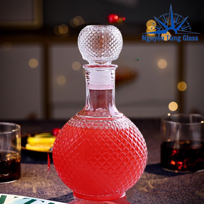 Chai Đựng Rượu Thủy Tinh  mẫu Bầu Tròn giác Kim Cương