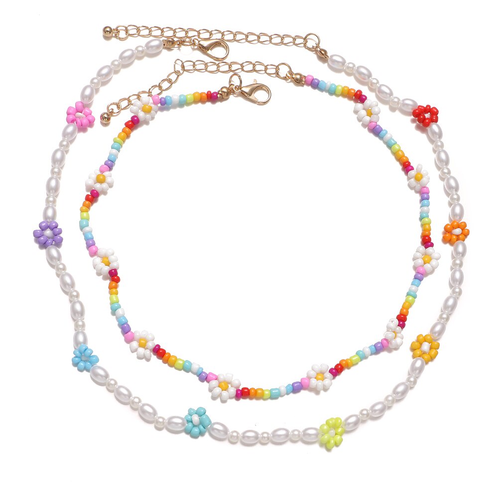 Vòng cổ choker hai lớp đính hạt ngọc trai và hoa nhiều màu sắc phong cách Bohemian Y2K cho nữ