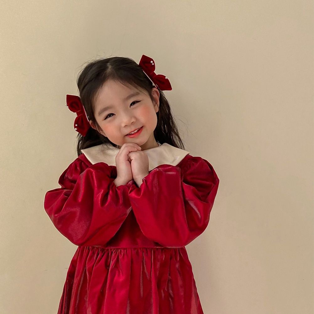 Set 2 kẹp tóc nơ bằng vải nhung đính ngọc trai nhân tạo màu trơn dễ thương đơn giản phong cách Hàn Quốc cho bé gái