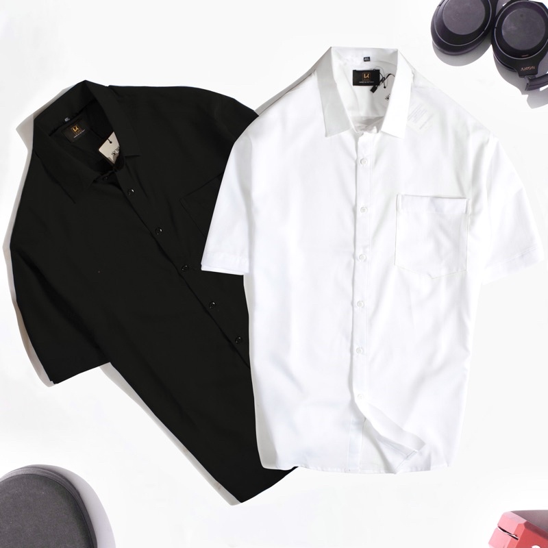 Áo sơ mi nam tay ngắn có túi Bigsize < 120kg 2 màu trắng đen