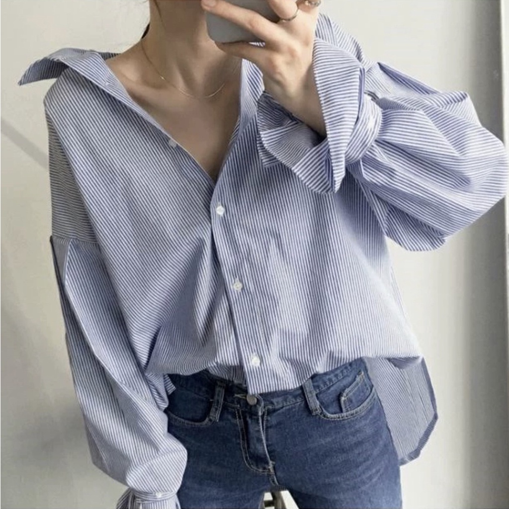 Áo sơ mi Hàn Quốc, Áo sơ mi kẻ sọc dáng rộng tay bèo Ulzzang