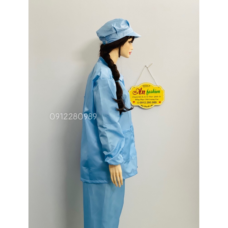 [Áo+Quần+Nón] Đồng phục phòng sạch màu xanh vải chống tĩnh điện tay dài cổ bẻ dây kéo _ Hình chụp thật