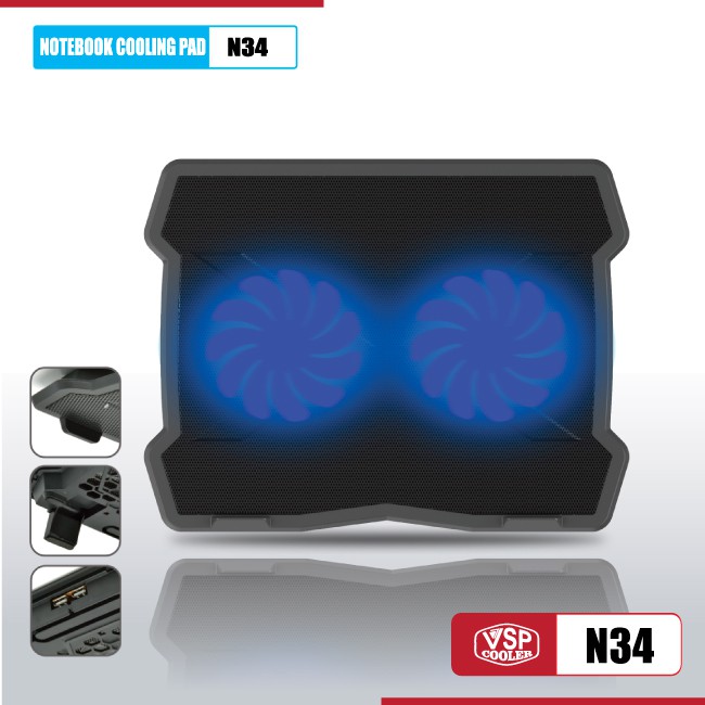 đế tản nhiệt cho laptop Notebook cooler pad N34 LED 2 fan quạt lớn