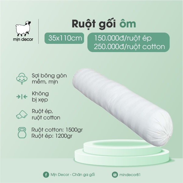 Ruột gối ôm cotton, ruột gối ôm 35x110 cm mềm mại thoáng mát Mịn Decor