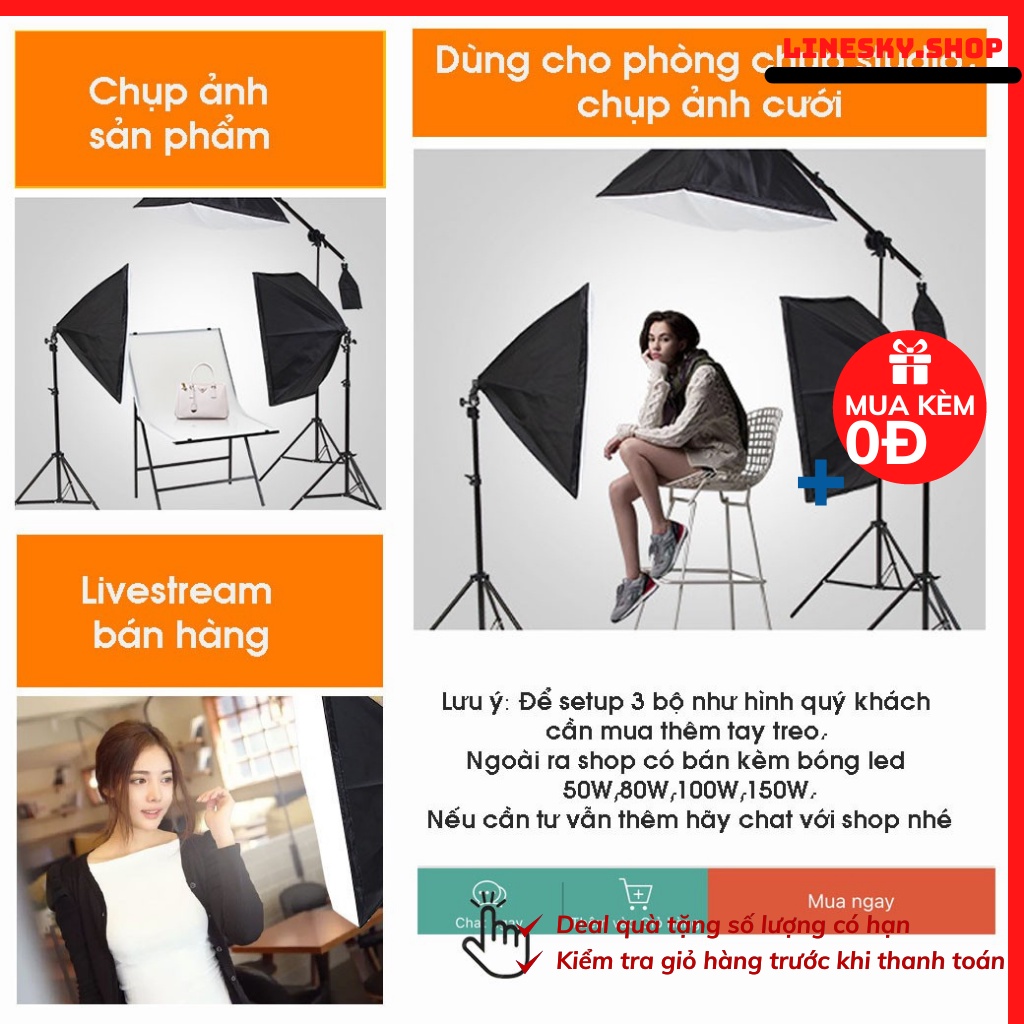 Đèn studio chụp ảnh sản phẩm, quay phim, livestream chuyên nghiệp, chân cao 2m softbox 50x70cm