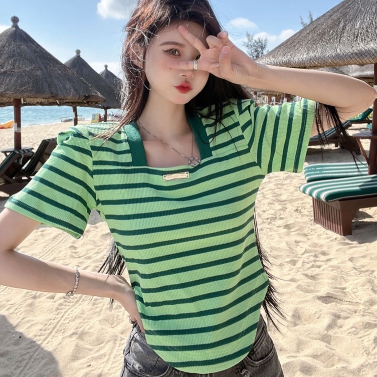 Áo dệt kim ZHELIHANGFEI tay ngắn cổ vuông họa tiết kẻ sọc bắt mắt phong cách trẻ trung cho nữ