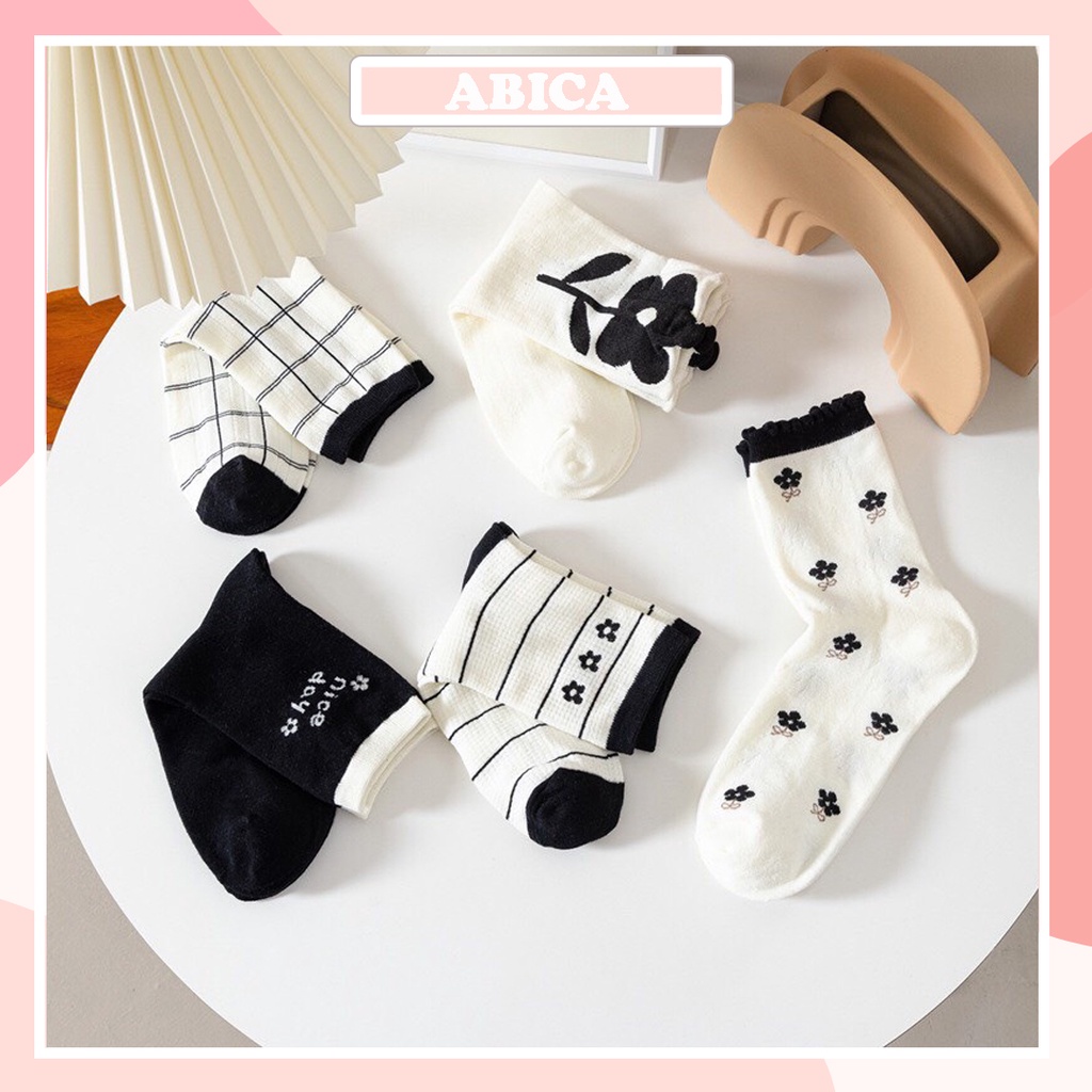 Tất vớ nữ trắng đen cổ cao thiết kế hình hoa dễ thương phong cách Nhật Hàn hottrend 2022 thời trang thu hè ABICA TD046