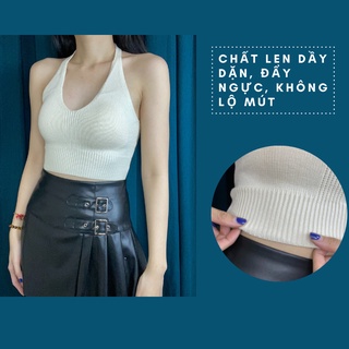 Áo croptop len màu kem cột dây