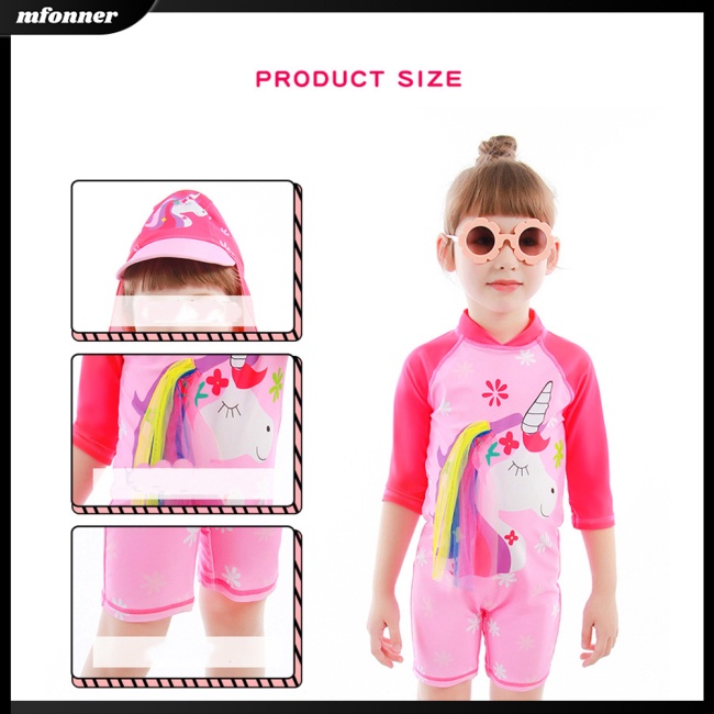 Bộ Đồ Bơi 2 Mảnh Dài Tay Cổ Đứng Khóa Kéo + Mũ Chống Nắng Hoạt Hình Dành Cho Bé Gái