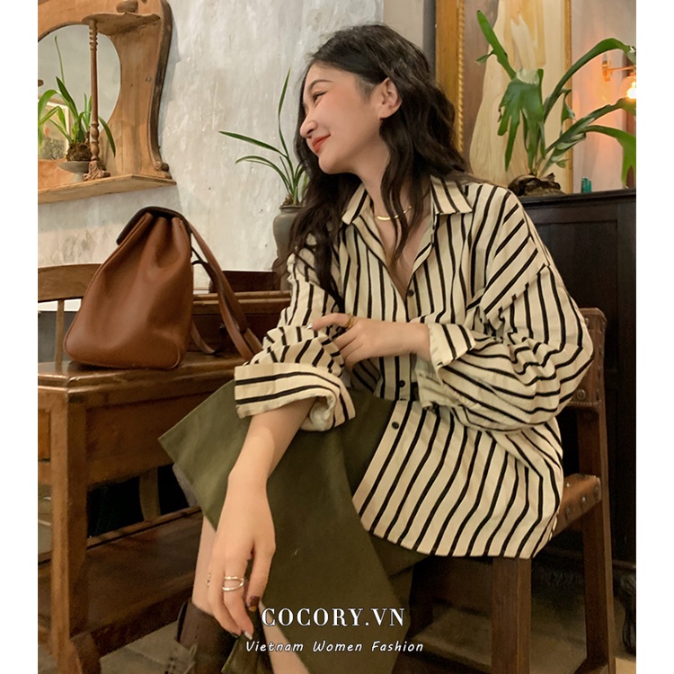 Cocory vn Áo sơ mi nữ tay dài kẻ sọc thời trang Hàn Quốc