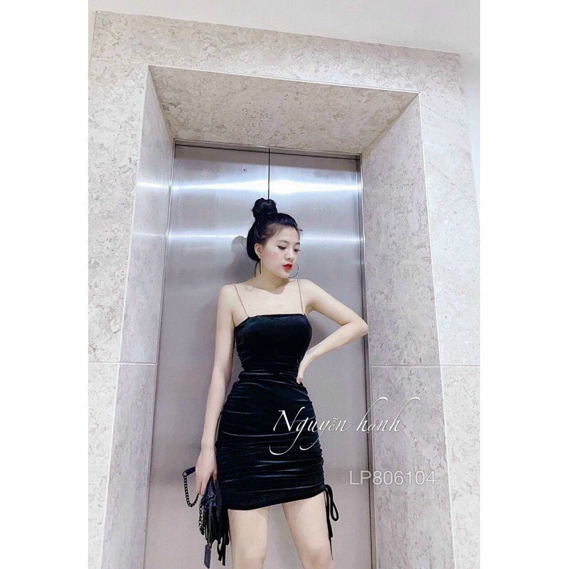 Đầm Body Nhung Dây Xích Rút Hai Bên