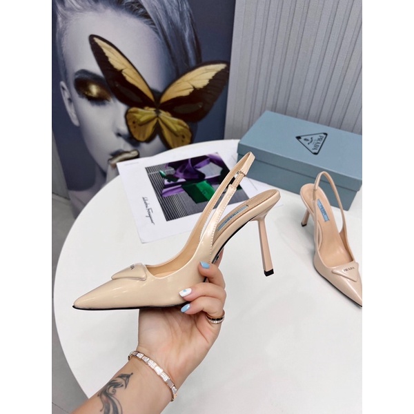 Giày cao gót 9.5cm hở gót màu trơn logo thương hiệu Prada 2022 cao cấp da thật
