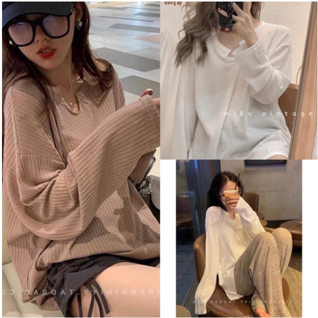 Áo len gạo dài tay cổ U xốp thụng AL8100, kiểu len tăm dài tay lanly chất mềm đẹp dáng ulzzang mặc đẹp style hàn quốc | BigBuy360 - bigbuy360.vn