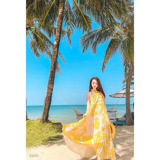 ĐẦM MAXI HOA CỔ YẾM HỞ LƯNG (MÀU TRẢI SÀN)