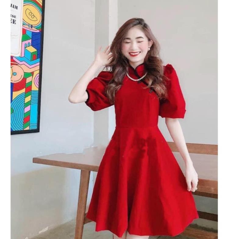 Đầm Nữ Váy Xòe Cổ Tàu Tay Phồng Dáng Xòe Duyên Dáng -TOMGB
