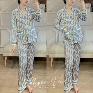 Set pijama dior xanh xước lụa cao cấp