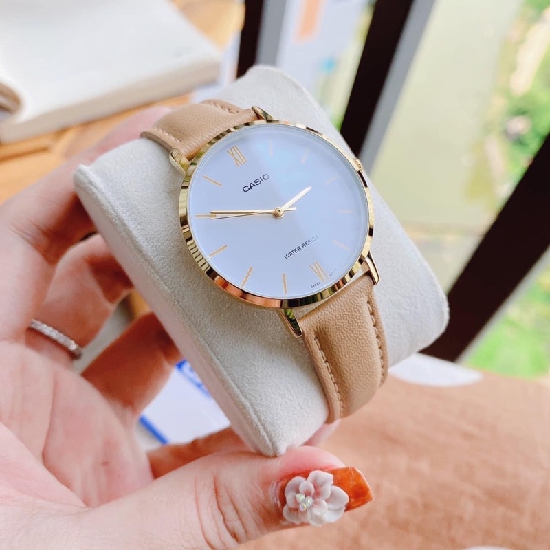 Đồng hồ nữ đẹp dây da viềng vàng Casio LTP VT01GL Mặt đen trắng Size 34mm chống nước 3ATM Bảo hành 1 năm Hyma watch