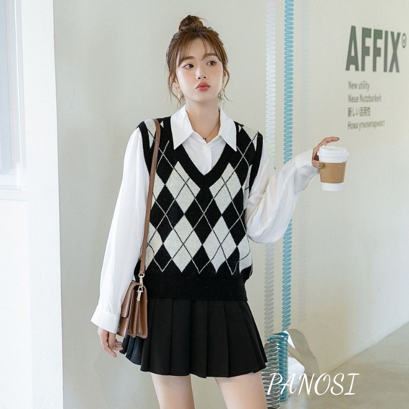 Áo gile len nữ áo len nữ cổ tim NHẬT LINH áo gile kẻ caro xinh xắn chất len xịn xò - A516