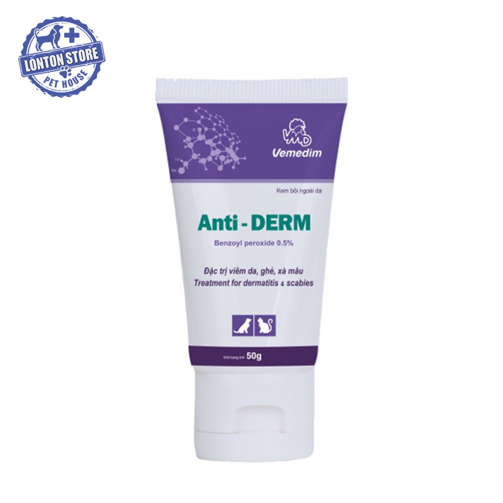 VEMEDIM Anti derm - Gel Bôi Da Phòng Ghẻ, Viêm Da, Vết Thương, Lở Loét, Xà Mâu Cho Chó Mèo Anti Derm 50g - Lonton Store