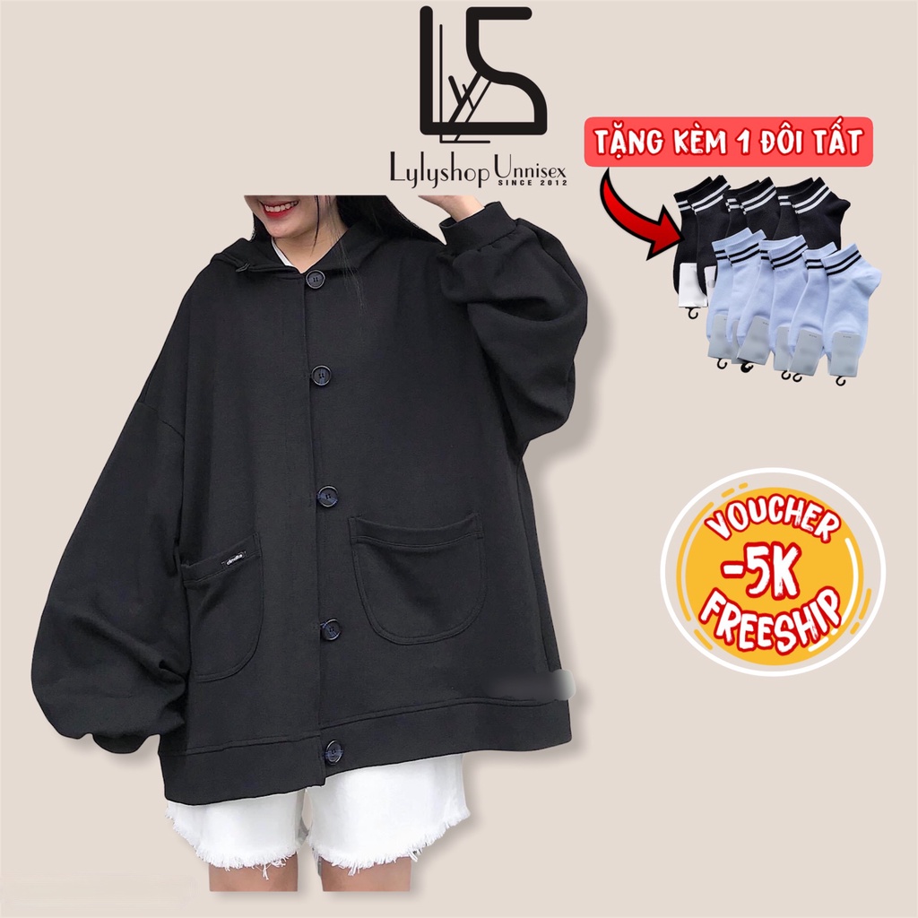 Áo khoác nỉ 355 LylyshopUnisex, kiểu áo nỉ hoodie có mũ nam nữ cài cúc oversize form rộng tay phồng có túi chất nỉ bông