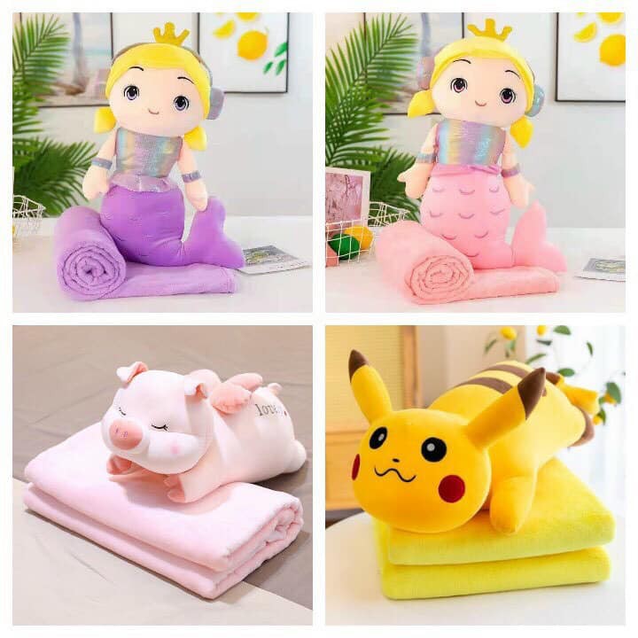 Gấu bông có mền , gấu mền 3 in  1 đủ hình tiên cá , pikachu, thỏ, heo unicorn....