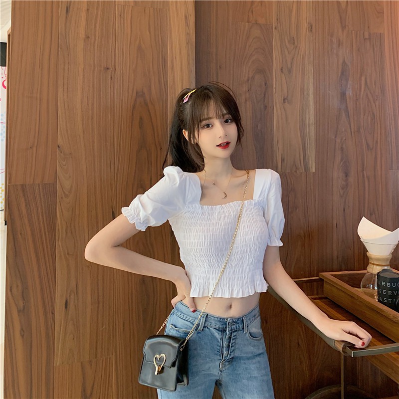 Áo Ulzzang Peplum Maoshop nhún ngực tay phồng Hàn Quốc, Áo peplum trắng bẹt vai tôn dáng cao cấp C40 - Maoshop | BigBuy360 - bigbuy360.vn