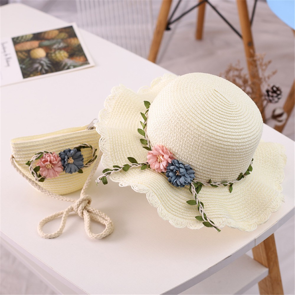 [Hàng mới về] Mũ cói rộng vành che nắng gắn hoa đáng yêu cho bé gái