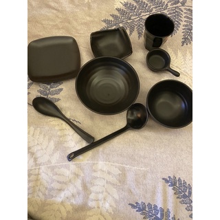 Combo 8 món Dĩa ,Tô, muỗng, chén nhựa Melamin màu đen